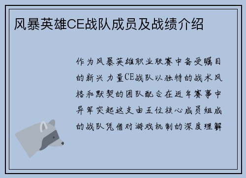 风暴英雄CE战队成员及战绩介绍