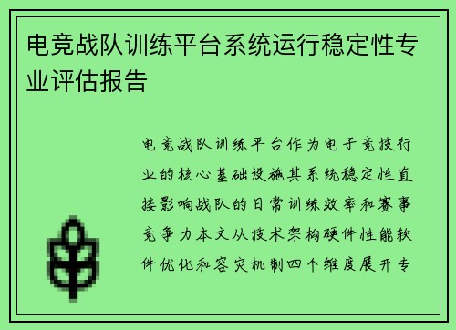 电竞战队训练平台系统运行稳定性专业评估报告
