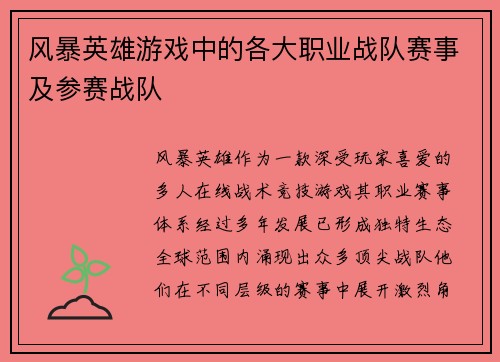 风暴英雄游戏中的各大职业战队赛事及参赛战队